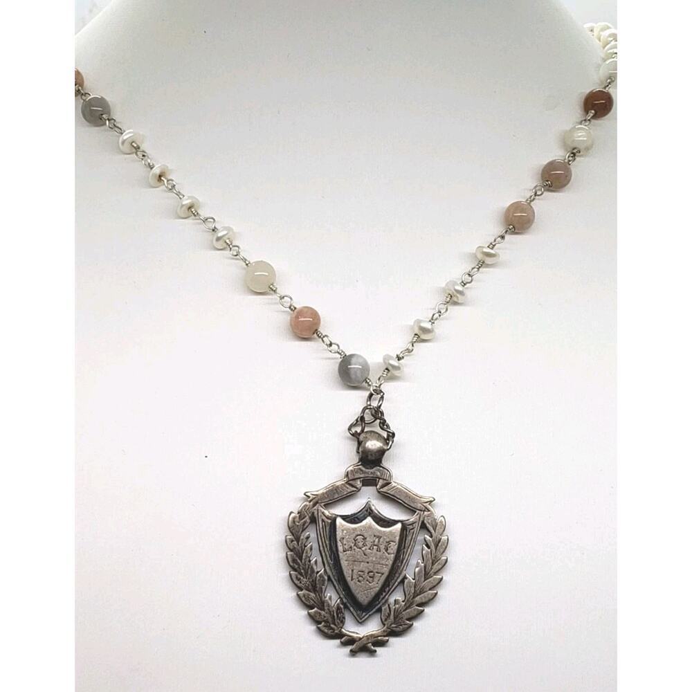 Antique Victorian Sterling Watch Fob Medal on Pearl & Gem Necklace LOAC 1897